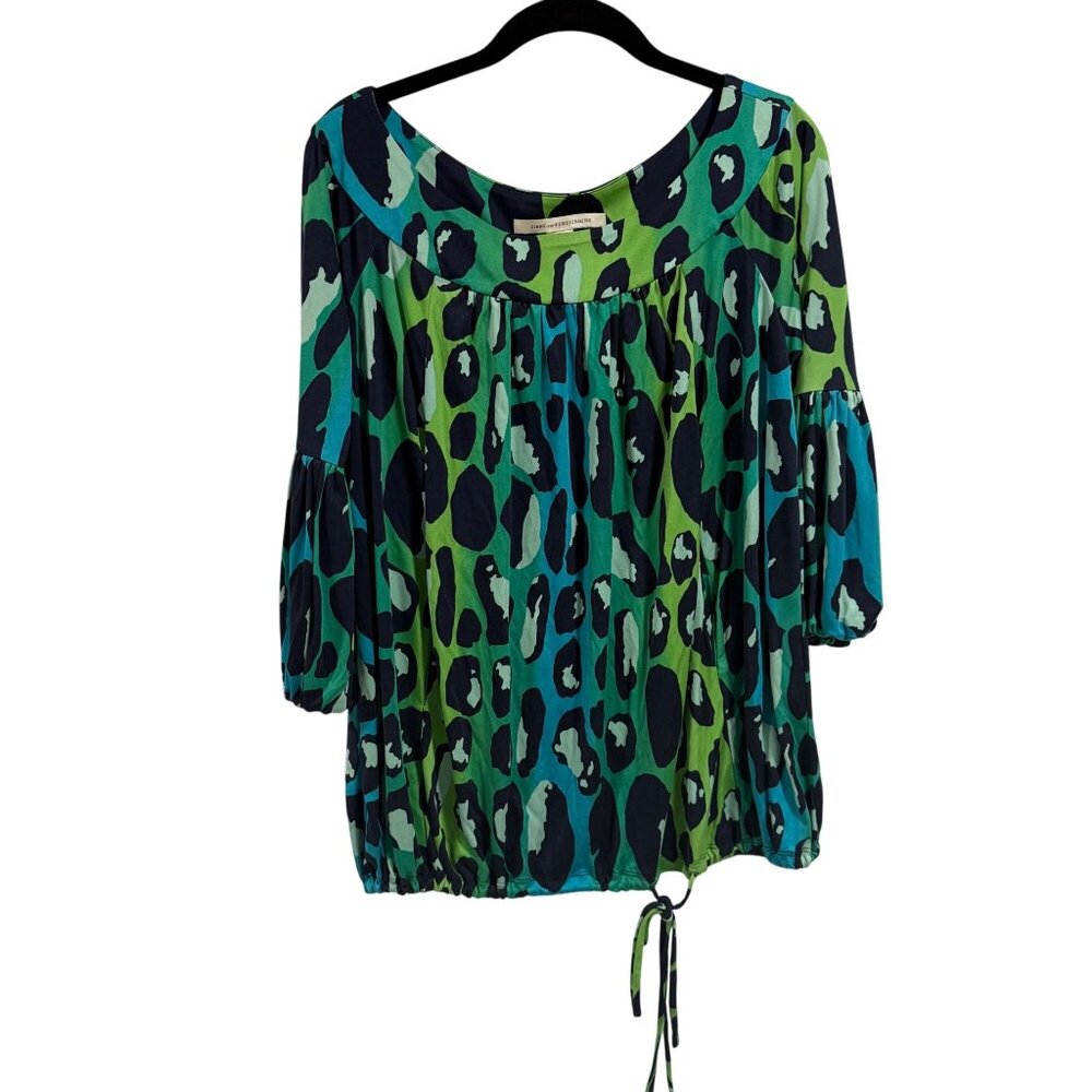 Diane Von Furstenberg Blue Green Silk Blend Leopard Print‎ Blouse Size 6